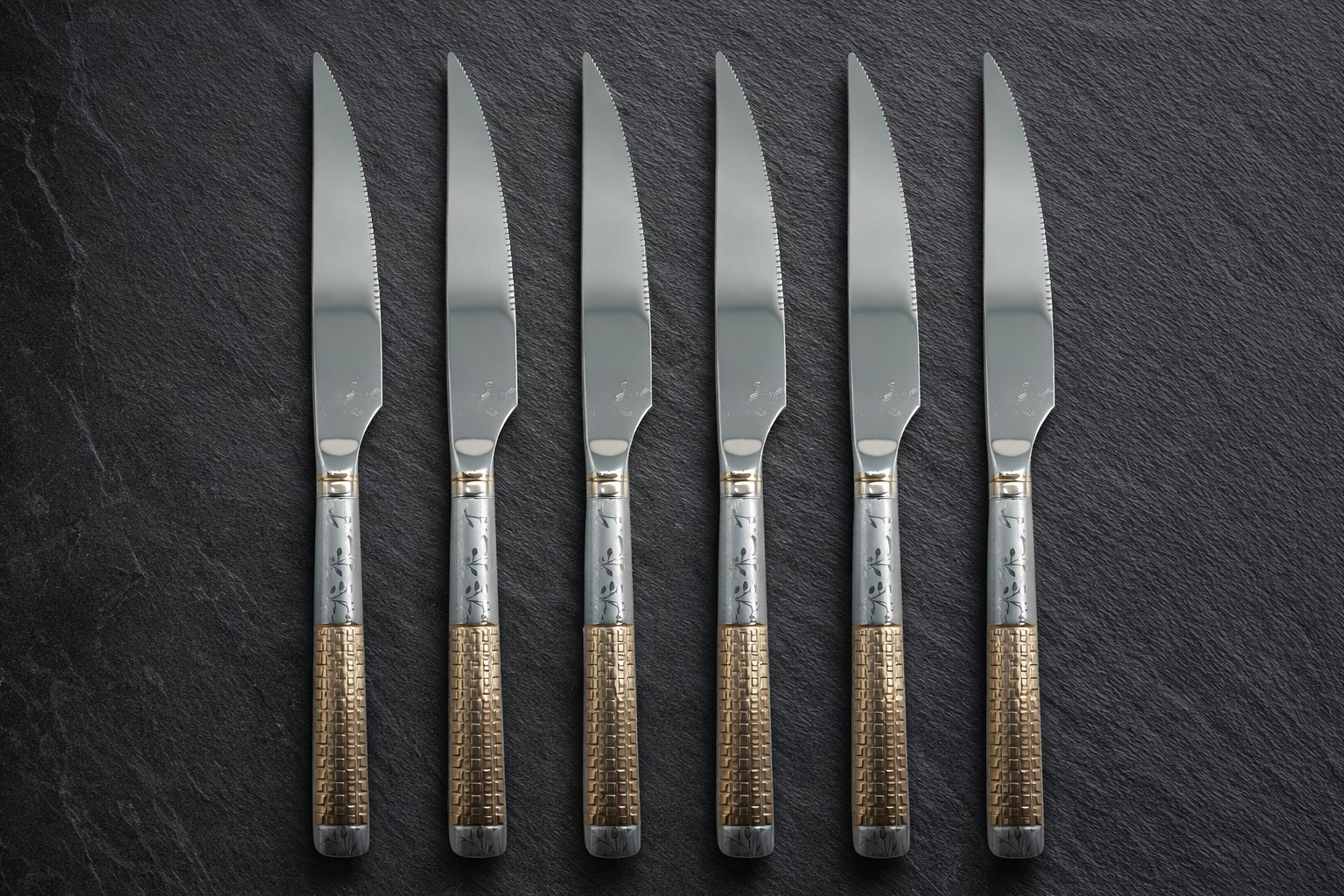 Набір столових ножів Cutlery Set 433-3-М311 (6 шт.) — Хром та золоте рифлення