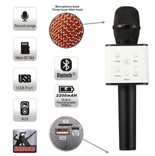 Мікрофон-караоке Q7 Bluetooth — Бездротова система 2-в-1 для вокалу та музики,Чорний