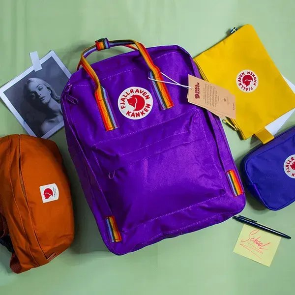 Рюкзак Fjallraven Kanken 16л (37х28х12 см) – Фіолетовий з різнокольоровими ручками