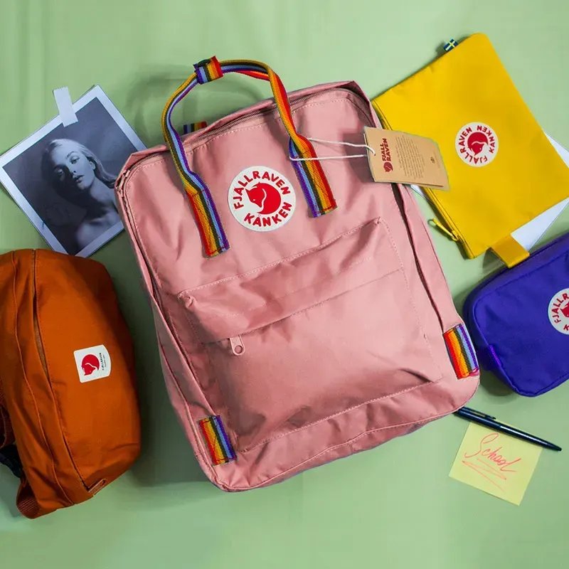 Рюкзак Fjallraven Kanken 16л (37х28х12 см) – Пудровий з різнокольоровими ручками