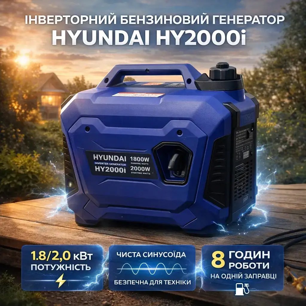 Інверторний генератор HYUNDAI HY2000i (2.0 кВт): Компактний брендовий чистий струм для кемпінгу і дому!