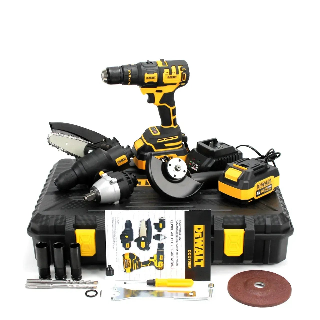Багатофункціональний акумуляторний інструмент 5в1 DeWalt DCD709M (шуруповерт + пила + гайковерт + перфоратор + УШМ, 36V, 2 АКБ, кейс): Універсальний помічник для будь-яких завдань!