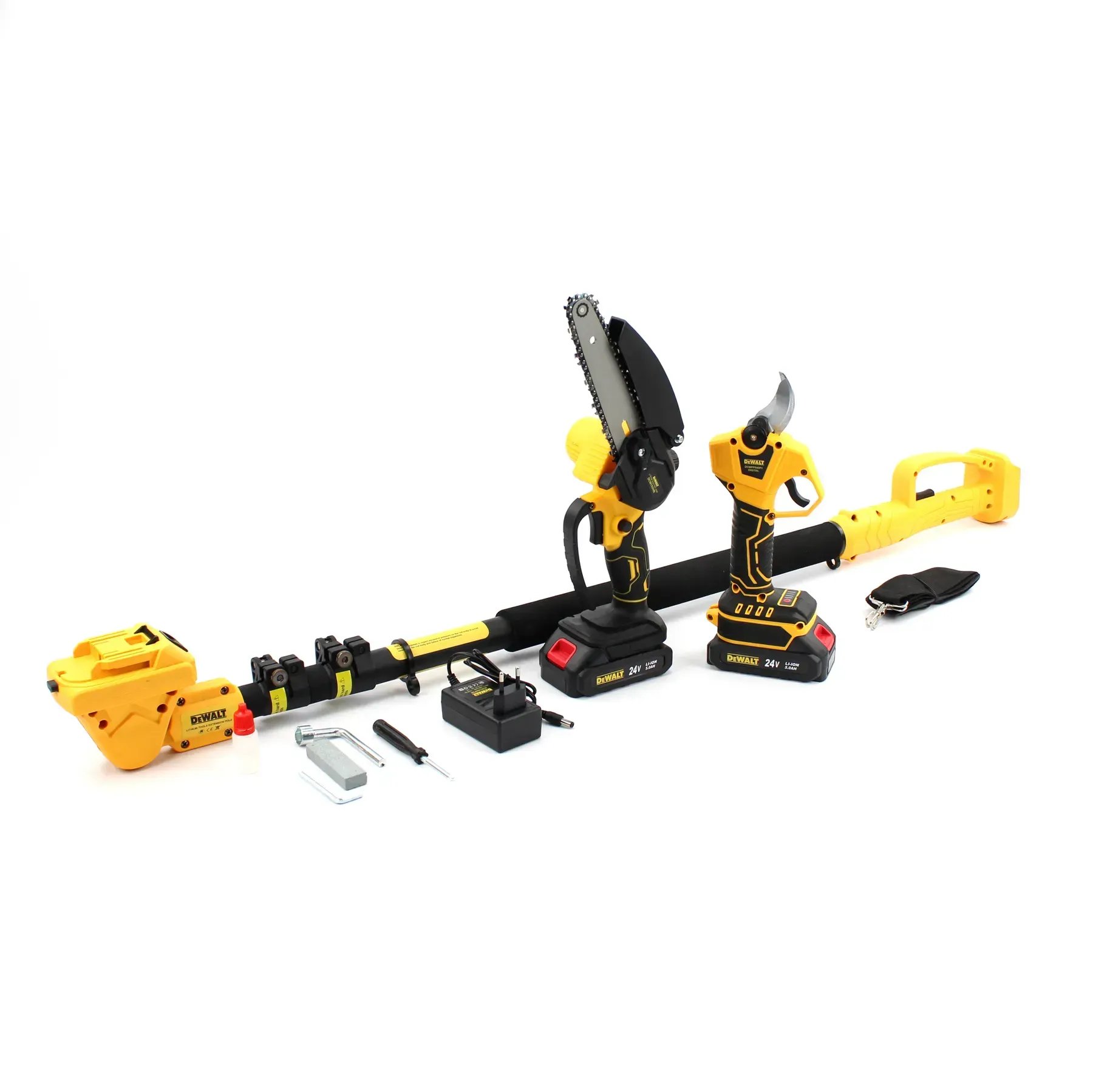 Акумуляторний набір 3в1 DeWalt (міні-пила DCM155HN + цифровий секатор DCMPP540P1 + телескопічна штанга 2.6 м, 24V, 5.0 А·год): Професійний догляд за садом та високими деревами!