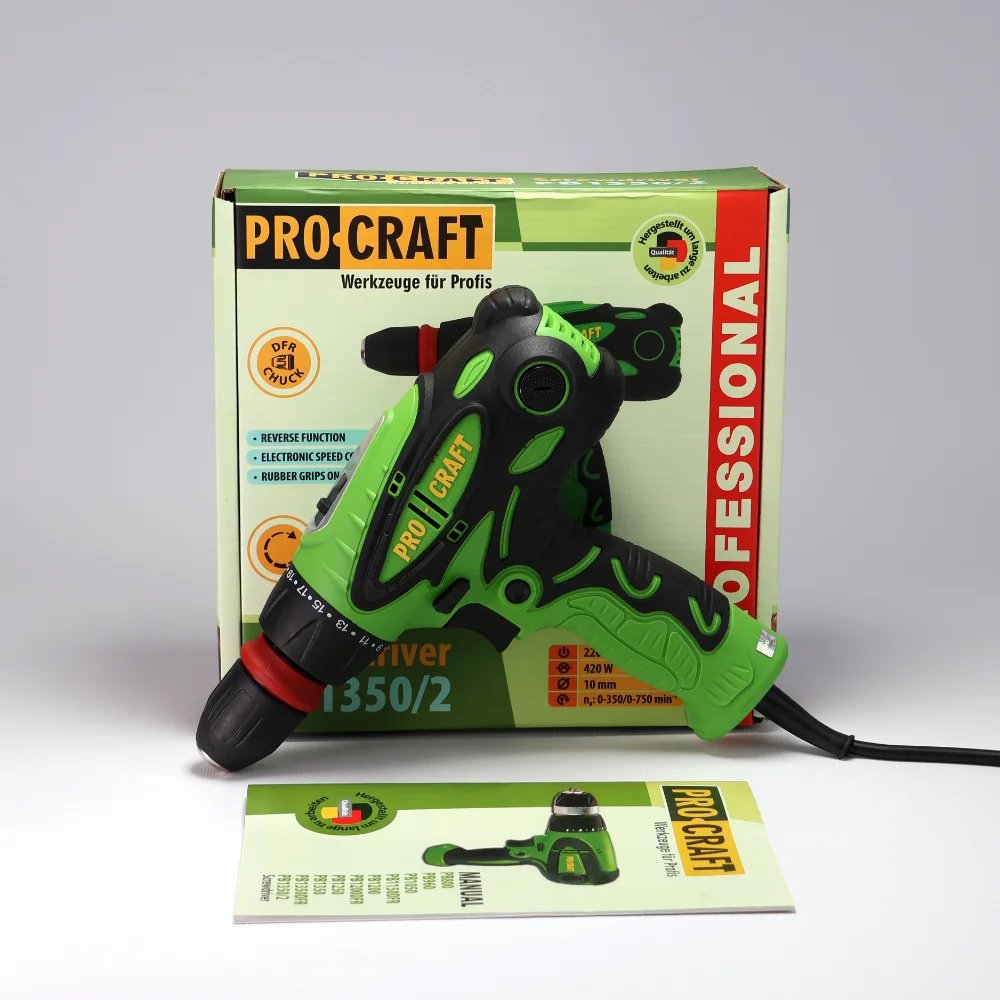 Мережевий шурупокрут Procraft 1350/2 DFR (для великого навантаження): Потужність електромережі та зручний змінний патрон!